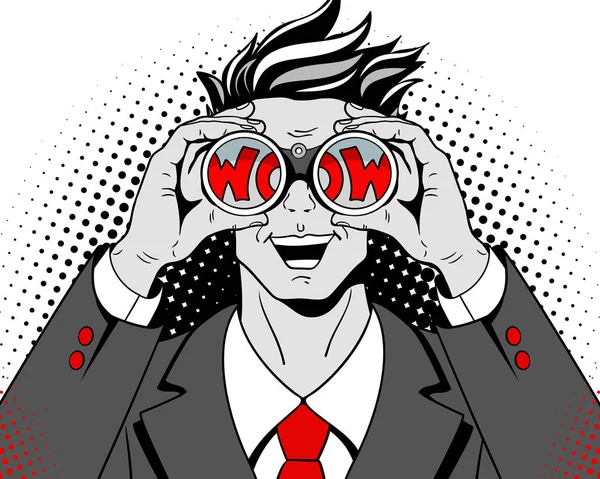 Cara de arte pop Wow. Joven hombre sorprendido en traje con la boca abierta sosteniendo binoculares en sus manos con la inscripción wow en reflexión. Ilustración vectorial en estilo cómic retro sobre fondo semitono . — Vector de stock