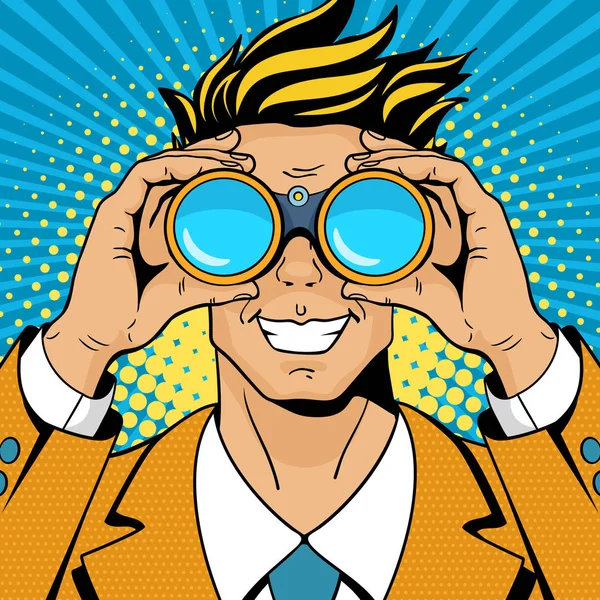 Wow pop art face. Young surprised man in suit with wide smile holding binoculars in his hands. Vector illustration in retro comic style. Colorful pop art background. — Stock Vector