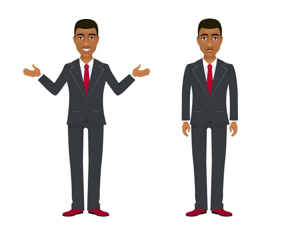 Jovem empresário afro-americano de terno em duas poses e emoções diferentes. Personagem de desenho animado vetorial no fundo branco . — Vetor de Stock