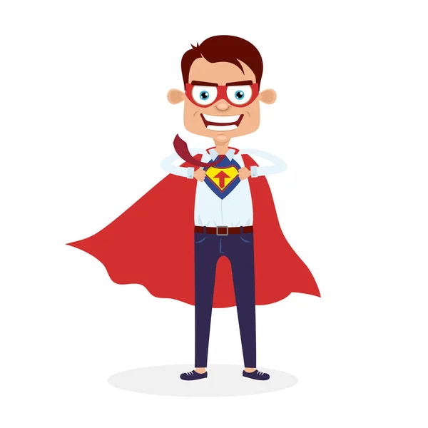 Hombre de negocios en traje de superhéroe abriendo la camisa en estilo superhéroe y mostrando una flecha hacia arriba símbolo con una sonrisa. Personaje plano de dibujos animados vectoriales sobre fondo blanco . — Vector de stock