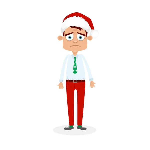 Sad businessman in Santa Claus hat and red pants. Vector funny cartoon character on white background. — Stock Vector