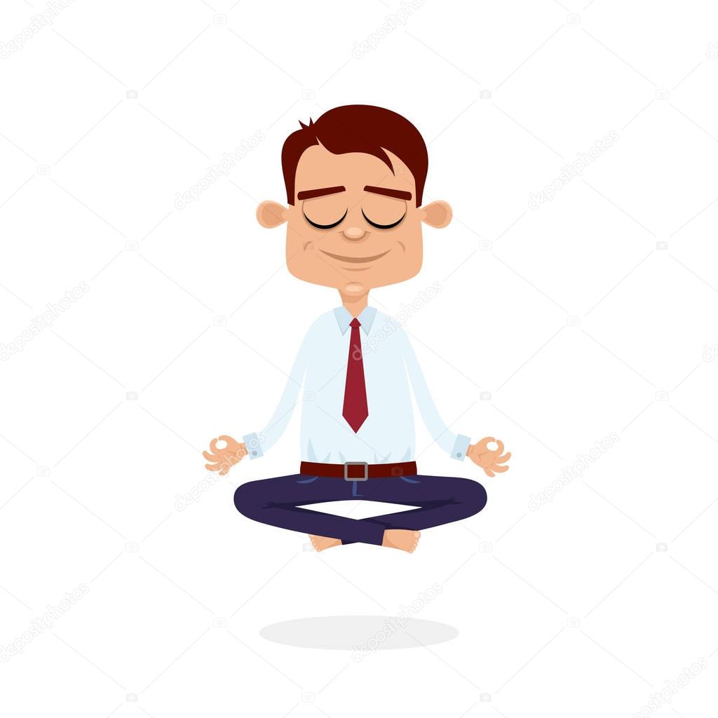 Office meditation. Businessman sitting in yoga lotus pose, relax and hovering in the air. Vector cartoon flat character on white background.