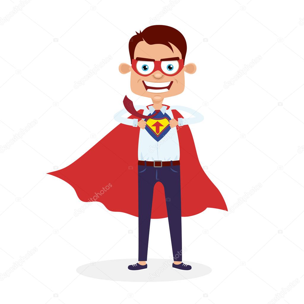 Businessman in superhero costume opening shirt in superhero style and showing an arrow up symbol with a smile. Vector cartoon flat character on white background.