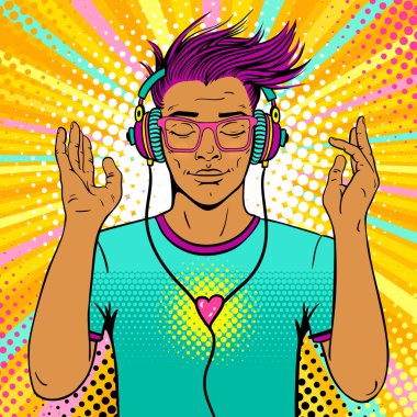 Geniş bir gülümseme ve brighy gözlük ve müzik kulaklık kapalı gözler genç seksi adam. Vektör renkli arka planda pop sanat retro çizgi roman tarzı. Parti Davetiyesi poster.