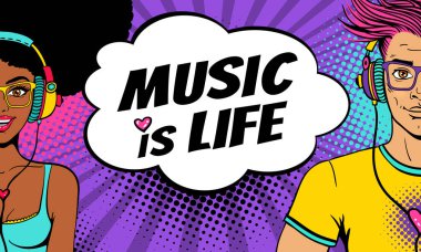 Genç seksi afro Amerikalı kadın ve yakışıklı açık gülümseme kulaklık ile müzik dinlemek ve müzik hayat konuşma balonu. Vektör arka planda pop sanat retro çizgi roman tarzı. Parti Davetiyesi poster.