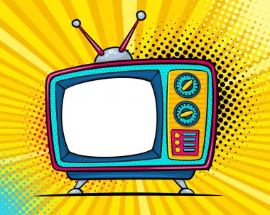 El çizilen çizgi noktalı resim ve nokta ekranda metin için yer ile retro Tv ayarlayın. Vektör renkli arka planda pop sanat retro komik tarzı. 