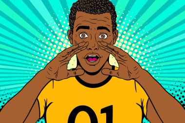 Pop sanat yüz Vay. Genç şaşırmış afro Amerikan adam sarı tişört içinde açık ağız ve yükselen elleri duyuru çığlık. Vektör arka planda komik retro pop sanat tarzı. Parti Davetiyesi poster.