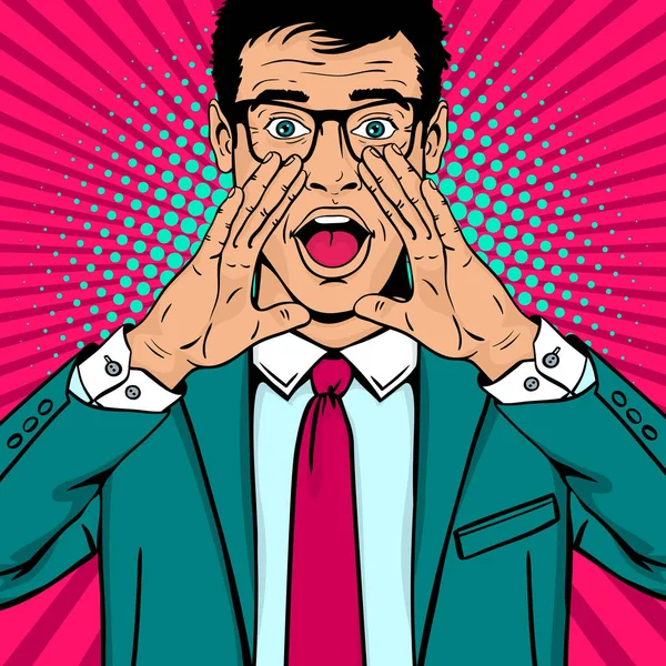 Wow pop art man. Joven sorprendido hombre en gafas y traje con la boca abierta y levantando las manos gritando anuncio. Fondo vectorial en estilo de arte pop retro cómico. Cartel invitación fiesta . — Archivo Imágenes Vectoriales