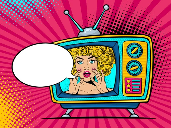 Retro tv set with sexy surprised blonde woman with wide open eyes and mouth and rising hands screaming. Vector background in comic retro pop art style. Party invitation. — Stock Vector