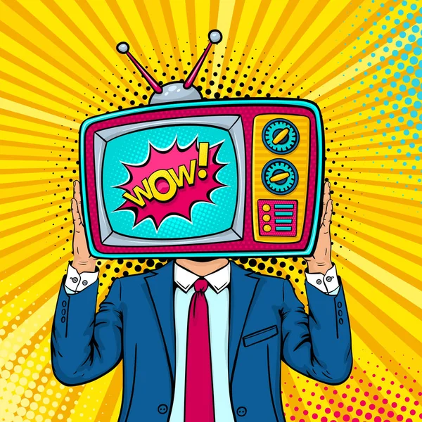 Wow face. A man in a suit holding retro tv set with Wow speech bubble instead of his head. Vector colorful background in retro comic pop art style. — Stock Vector