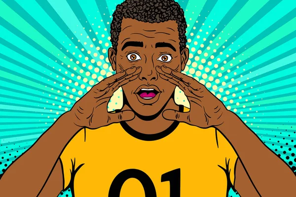 Cara de pop art. Jovem surpreendeu afro-americano homem em camiseta amarela com boca aberta e mãos levantadas gritando anúncio. Fundo vetorial em quadrinhos estilo pop art retro. Cartaz do convite do partido . — Vetor de Stock