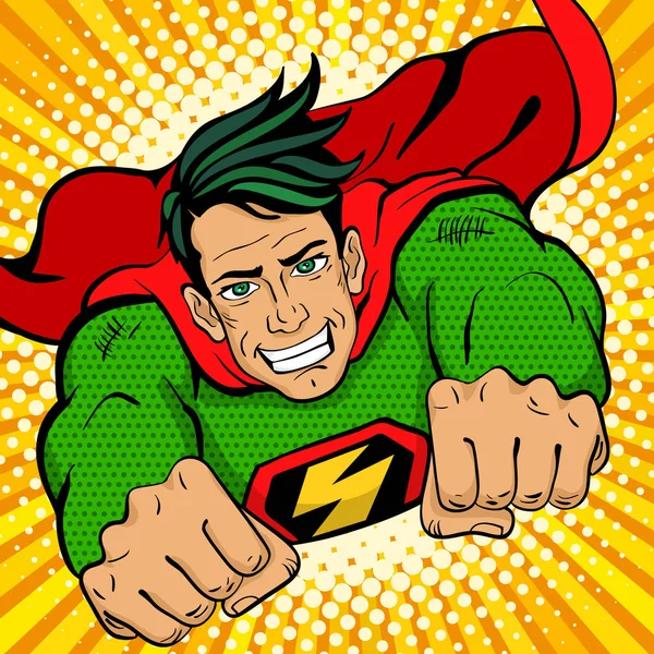 Pop art superhero. Young handsome happy man in a superhero costume with a lightning sign on the chest flies smiling. Vector illustration in retro pop art comic style. — Stock Vector