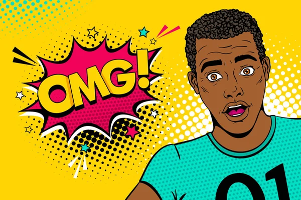 Wow pop art férfi arcát. Szexi meglepett afro-amerikai fekete fiatalember nyitott száj és Omg beszéd buborék csillagok. Vektor színes illusztráció retro képregény stílusban. Meghívó plakát. — Stock Vector