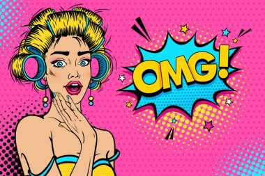 Kadın yüzü Vay. Seksi sarışın genç kadın ev kadını açık ağız ve saç curlers, parlak makyaj ve Omg! konuşma balonu. Vektör renkli arka planda pop sanat retro çizgi roman tarzı. Parti Davetiyesi poster.