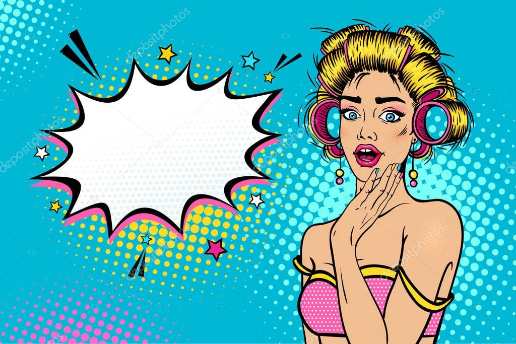 Wow female face. Sexy young blonde woman housewife with open mouth and hair curlers, bright makeup and empty speech bubble. Vector colorful background in pop art retro comic style. Invitation poster template.