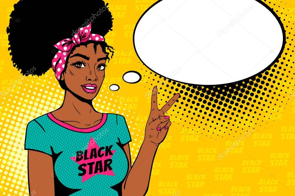 Comic girl. Sexy african american hippie woman in t-shirt with Black Star text smiles and shows victory sign and empty speech bubble. Vector colorful background in pop art retro comic style.