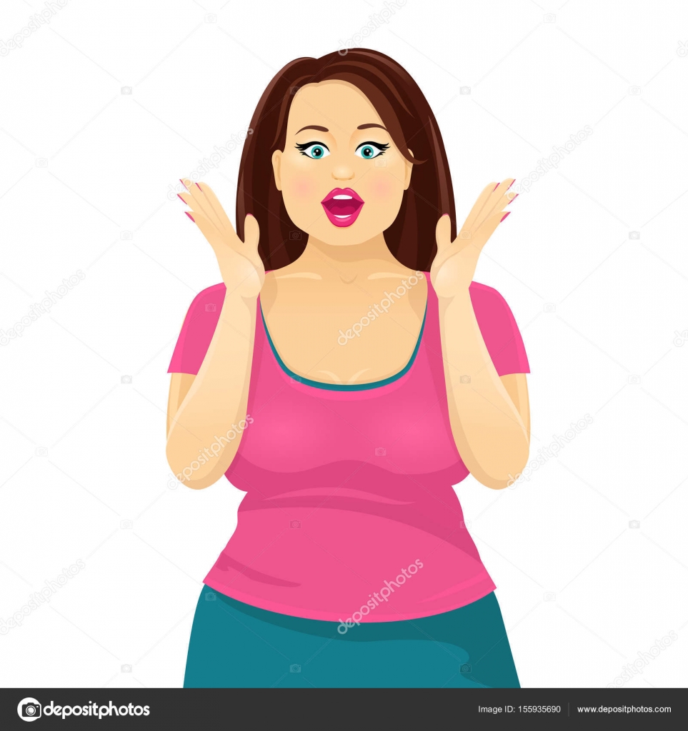 Surprised Attractive Plump Brunette Woman With Open Mouth Vector Cartoon Character On White Background Surprised Attractive Plump Brunette Woman With Open Mouth Vector Cartoon Character On White Background