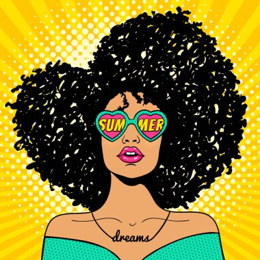 Wow pop art face. Sexy woman with black afro curly hair and open mouth and sunglasses in form of heart with inscription summer in reflection. Vector colorful background in pop art retro comic style.