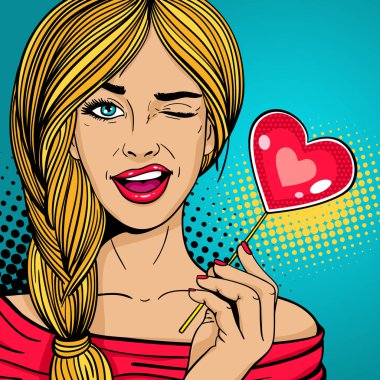 Pop art kız. Seksi sarışın genç kadın onun el gülümser ve Göz kırpmalar noktalar arka plan üzerinde kırmızı kağıt kalp ile. Tatil Partisi Davetiyesi vektör poster. Retro çizgi roman tarzı resimde.