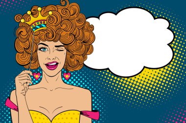 Pop art yüz. Genç seksi komik kağıt taç çubuğa, gülümseyen ve kırpan ve boş konuşma balonu tutan kadın Kızıl. Vektör çizim retro çizgi roman tarzı. Tatil Partisi Davetiyesi poster.