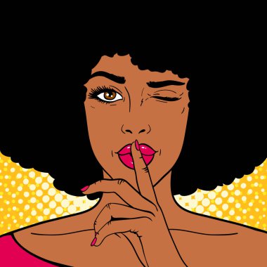 Pop art yüz. Genç seksi Afrikalı-Amerikalı kadın parmağı ağzında sessizlik işareti ve Göz kırpmalar noktalar arka plan üzerinde olarak tutar. Vektör çizim retro çizgi roman tarzı. Tatil Partisi Davetiyesi poster.