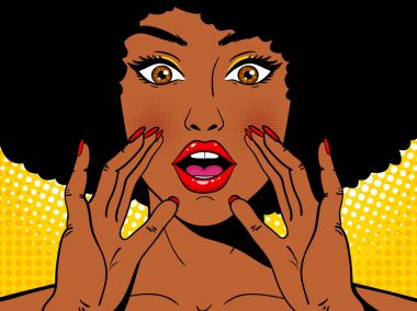Wow pop art face. Sexy surprised african woman holding her hands open mouth and screaming. Vector colorful background in pop art retro comic style. Party invitation. clipart