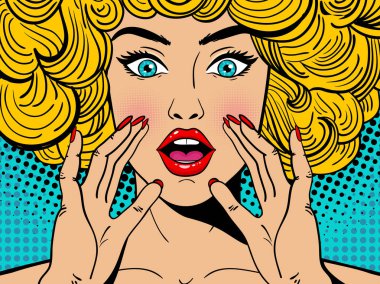 Geniş açık gözleri ve ağzı ve yükselen elleri çığlık seksi sürpriz sarışın pop art kadın. Vektör arka planda komik retro pop sanat tarzı. Parti Davetiyesi.