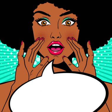 Kadın yüzü Vay. Ellerini tutan seksi sürpriz Afrikalı-Amerikalı kadın ağız ve çığlık ve konuşma balonu açın. Vektör renkli arka planda pop sanat retro çizgi roman tarzı. Parti Davetiyesi.