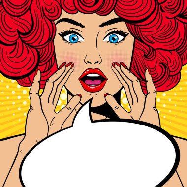 Açık ağız, kırmızı kıvırcık saçlı ve yükselen eller duyuru çığlık seksi sürpriz pop art kadın. Vektör arka planda komik retro pop sanat tarzı. Parti Davetiyesi.