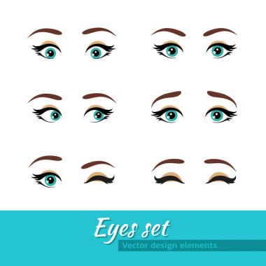 Kadın mavi gözleri küme. Farklı ifadeler. Beyaz arka plan üzerinde izole vektör tasarım öğeleri.