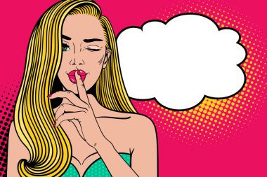Pop art gizli kız. Seksi sarışın genç kadın parmağı ağız ve Göz kırpmalar, nokta arka plan üzerinde tutar. Tatil Partisi Davetiyesi vektör poster. Retro çizgi roman tarzı resimde.