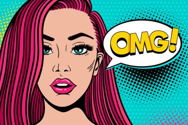 Pop art kadın yüzü Vay. Seksi sürpriz genç kadın pembe saçlı ve açık ağız ve Omg! konuşma balonu. Vektör parlak arka planda pop sanat retro çizgi roman tarzı. Parti Davetiyesi poster.