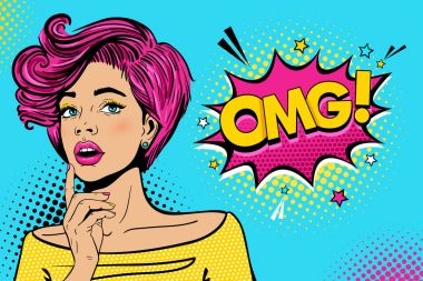 Kadın yüzü Vay. Seksi sürpriz genç kadınla aç ağız ve pembe saç, parlak makyaj ve Omg! konuşma balonu. Vektör renkli arka planda pop sanat retro çizgi roman tarzı. Parti Davetiyesi poster.