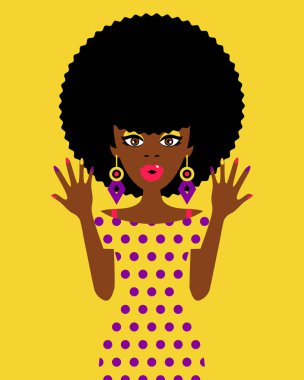 Seksi sürpriz Afrikalı-Amerikalı kadın açık ağız ve büyük küpeler ile renkli çivileri elleriyle gösterir. Retro çizgi roman tarzı düz resimde vektör.