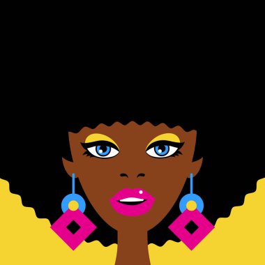 Genç seksi Afrikalı kadın yüzü açık ağız ile şaşırttı. Vektör renkli arka planda retro komik tarzı.