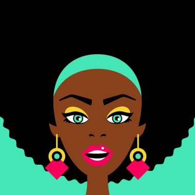 Açık ağız ve büyük küpeler ile seksi sürpriz Afrikalı kadın. Retro çizgi roman tarzı düz renkli resimde vektör.