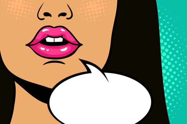 Close-up van sexy open vrouwelijke mond met roze lippenstift schreeuwen aankondiging en lege tekstballon. De lichte achtergrond vector in komische retro pop-art stijl. — Stockvector