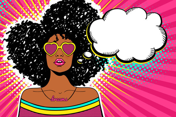 Wow pop art face. Sexy woman with black afro curly hair and open mouth and sunglasses in form of heart and empty speech bubble. Vector bright background in pop art retro comic style. Party invitation poster.