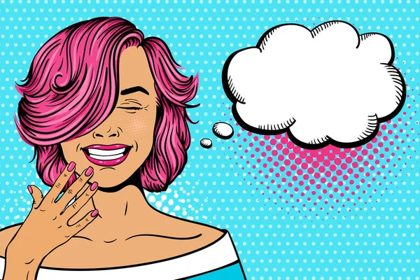 Pop art kadın yüzü Vay. Seksi genç kadın pembe kıvırcık saç modeli ve kapalı gözleri gülüyor. Vektör pop sanat retro çizgi roman tarzı parlak çizimde. Parti Davetiyesi poster.