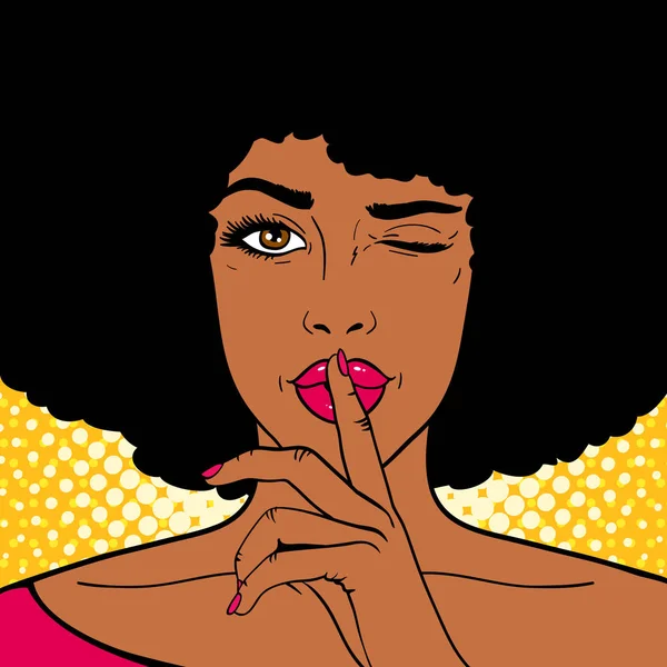 Pop art face. Young sexy african american woman  holds index finger at the mouth as silence sign and winks on dots background. Vector illustration in retro comic style. Holiday party invitation poster. — Stock Vector