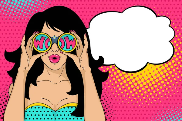 Wow pop art female face. Sexy surprised woman with open mouth holding binoculars in her hands with inscription wow in reflection and speech bubble. Vector colorful background in pop art retro comic style. — Stock Vector