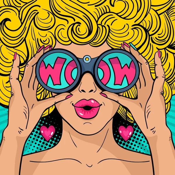 Wow pop art face. Sexy surprised  woman with blonde curly hair and open mouth holding binoculars in her hands with inscription wow in reflection. Vector colorful background in pop art retro comic style. — Stock Vector