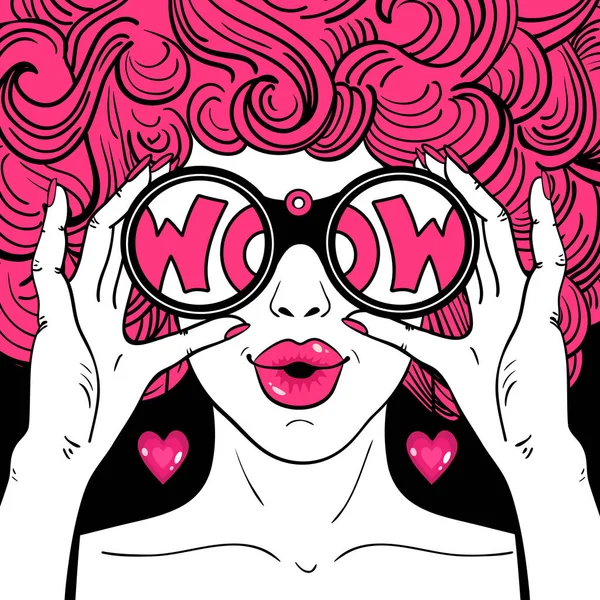 Wow pop art face. Sexy surprised  woman with pink curly hair and open mouth holding binoculars in her hands with inscription wow in reflection. Vector bright background in pop art retro comic style. — Stock Vector