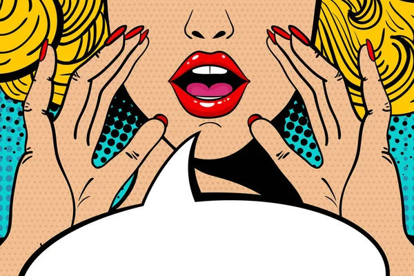 Sexy blonde popart verrast vrouw met open mond en stijgende handen schreeuwen aankondigen. De achtergrond van de vector in komische retro pop-art stijl. Uitnodiging voor feestje. — Stockvector