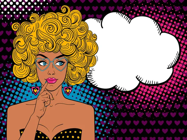 Pop art female face. Sexy surprised sun-tanned woman with finger near her mouth/ smile, blonde curly hair and speech bubble. Vector brightl background in pop art retro comic style. — Stock Vector