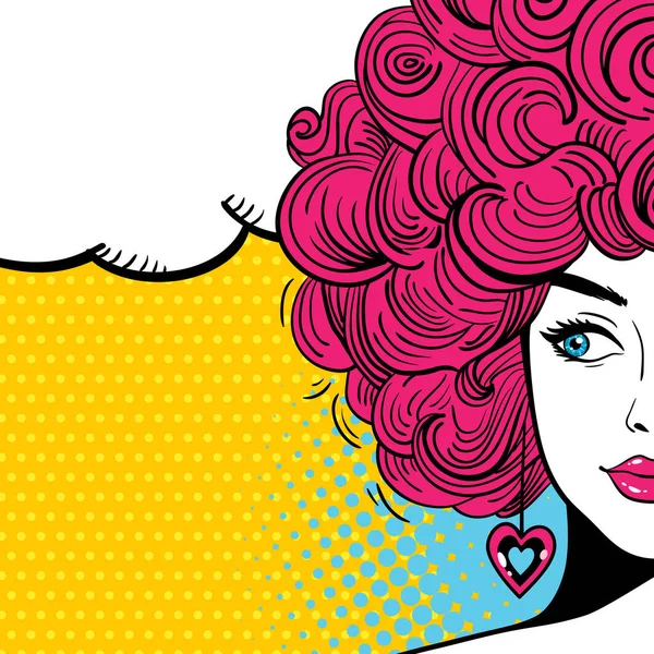 Pop-art ženská tvář. Sexy žena s kudrnatými vlasy a řeči bubliny. Světlé pozadí vektor v retro komické stylu pop-art. — Stockový vektor