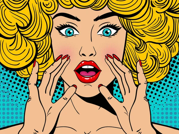 Sexy mujer de arte pop rubia sorprendida con los ojos abiertos y la boca y levantamiento de manos gritando. Fondo vectorial en estilo de arte pop retro cómico. Invitación fiesta . — Vector de stock