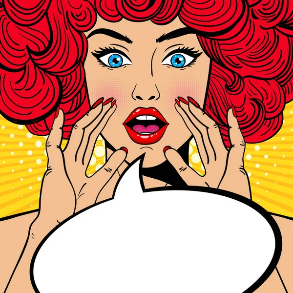 Sexy surprise pop art femme à bouche ouverte, cheveux bouclés rouges et les mains levantes criant annonce. Fond vectoriel dans le style pop art rétro comique. Invitation de fête . — Image vectorielle