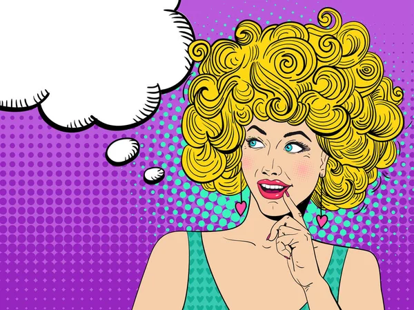 Junge sexy blonde Frau lächelt mit offenem Mund und schwelgt in Sprechblase. Vektor handgezeichneten bunten Hintergrund in Pop-Art-Retro-Comic-Stil. — Stockvektor