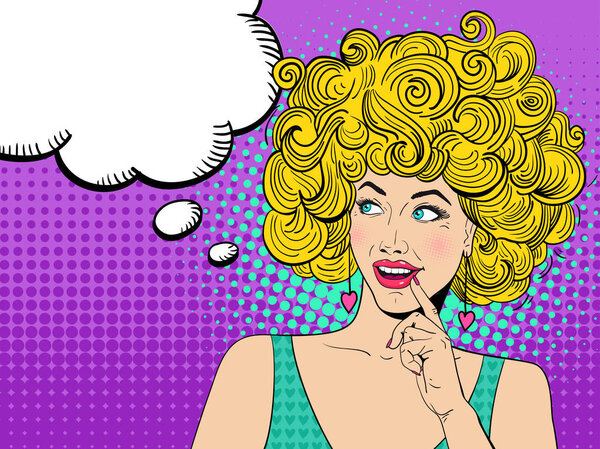 Young sexy blonde woman smiling with open mouth and loking at speech bubble. Vector hand-drawn colorful background in pop art retro comic style.